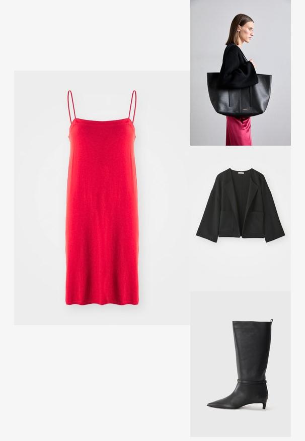 Črna skrajšana jakna iz mehkega materiala. Ima široke rokave, odprto sprednjo stran in dva sprednja žepa. Preprost, čist dizajn brez zapiranj.; Rdeča obleka na naramnice, izdelana iz lahko tkanine, preprost pravokoten silhouett, gladka tekstura, dolžina do sredine meč, brez vzorcev ali dodatkov.; Črne usnjene visokokakovostne škornje do kolen s koničastim nosom, okrašene s krožno zanko okoli gležnja in nizko, oblikovano peto. Gladka tekstura.; Črna usnjena torba z teksturiranim zaključkom, ki ima dve navpični črti, dvojne naramnice in minimalističen dizajn.