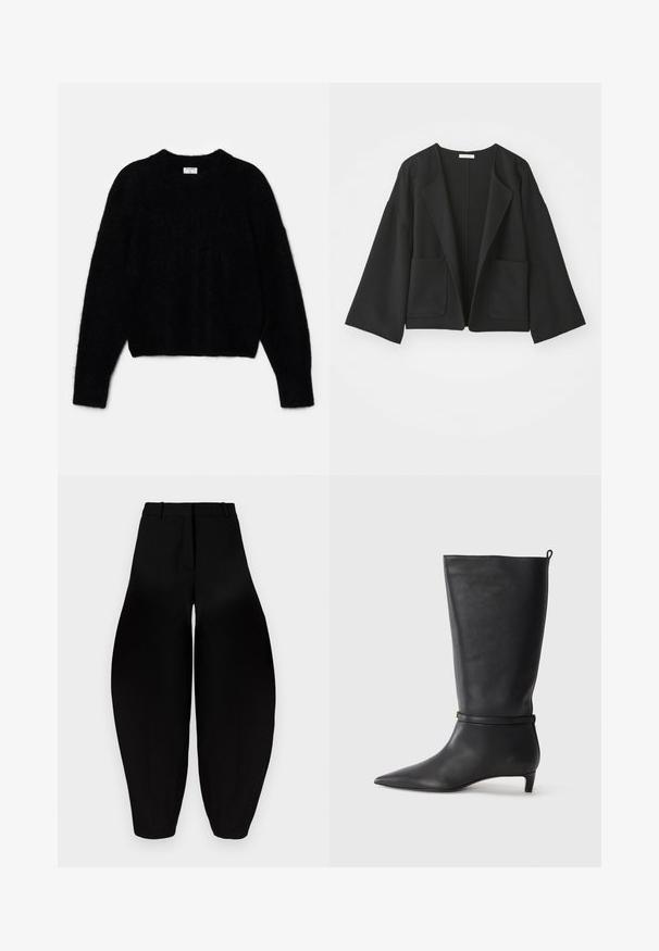 Černá zkrácená bunda vyrobená z měkké tkaniny. Vyznačuje se širokými rukávy, otevřeným předním dílem a dvěma předními kapsami. Jednoduchý, čistý design bez zapínání.; Černý zkrácený svetr vyrobený z nadýchaného materiálu. Má kulatý výstřih a dlouhé rukávy se měkkou texturou. Minimalistický design, bez vzorů.; Černé široké kalhoty s vysokým pasem, sklady na přední straně a zúženými kotníky. Vyrobeny z hladké látky s matným povrchem.; Černé kožené kozačky ke kolenům s špičatou špičkou, zdobené kulatým páskem kolem kotníku a nízkým, zužujícím se podpatkem. Hladký povrch.