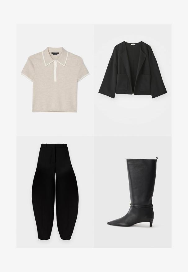 Črna skrajšana jakna iz mehkega materiala. Ima široke rokave, odprto sprednjo stran in dva sprednja žepa. Preprost, čist dizajn brez zapiranj.; Alice + Olivia MEDA - Polo majica - oatmeal heather/soft white; Črne hlače širokega kroja z visokim pasom, nagubanimi sprednjimi deli in zoženimi gležnji. Narejene iz gladkega materiala z mat površino.; Črne usnjene visokokakovostne škornje do kolen s koničastim nosom, okrašene s krožno zanko okoli gležnja in nizko, oblikovano peto. Gladka tekstura.