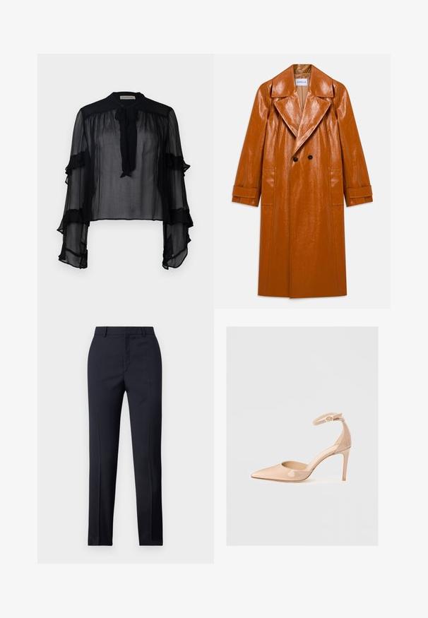 Dlhý hnedý kabát z umelého kože s širokými klopami, dvojitými čiernymi gombíkmi, dvoma prednými vreckami a manžetami na rukávoch.; Čierna priesvitná blúzka s dlhými, volánkovými rukávmi a viazaným golierom. Má ľahkú tkaninu a voľný strih, vhodná na vrstvenie.; Námornícke nohavice s rovnými nohavicami, so hladkou textúrou, dvoma prednými vreckami a čistým pásom.; Naha lesklá kožená topánka s ostrou špičkou a remienkom okolo členka, s ihlovým podpätkom, s hladkým povrchom a minimalistickým dizajnom.