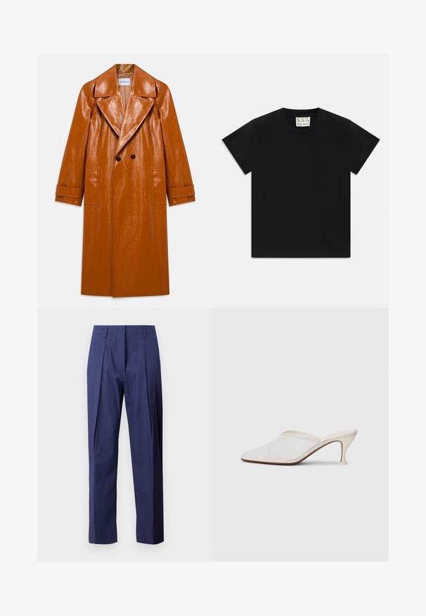 Caban lung din piele ecologică maro, cu rever larg, două butoane negre, două buzunare frontale și mâneci tivite.; Tricou negru cu mânecă scurtă și guler rotund, având un etichetă albă în interiorul gulerului, inscripționată cu "D.R.C. EST. 2002" pe un fundal alb.; Pantaloni bleumarin confecționați dintr-un material ușor, cu un croi drept, pliuri frontale și o textură netedă.; Mule alb cu plasă, cu vârf ascuțit, toc subțire de înălțime medie și design slip-on, pe un fundal simplu.