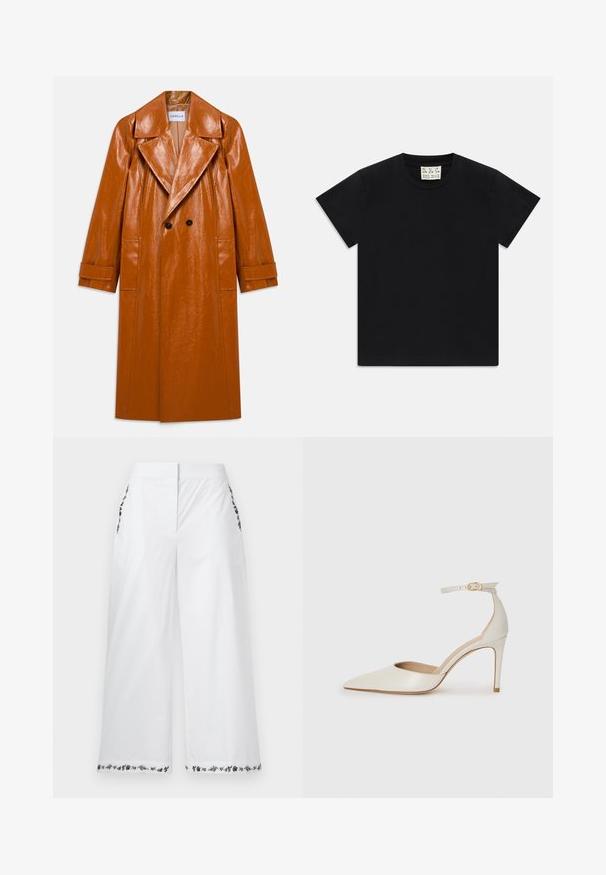 Garšs brūns mākslīgās ādas trenčkotis ar platām atlokām, divām melnām pogām, divām priekšējām kabatām un aproču piedurknēm.; Melns īsām piedurknēm kreklus ar balto uzlīmi iekšā apkaklītē, kas apzīmēta ar "D.R.C. EST. 2002" uz baltas fona.; Baltas platajās bikses ar ziedu izšuvumiem pie kabatām un apakšmalām. Izgatavotas no gludas auduma, ar neitrālu dizainu un pielāgotu piegriezumu.; Baltas ādas augstpapēžu kurpes ar smailu purngala daļu, potītes siksniņu un šauru stiletto papēdi. Gluda tekstūra ar smalku spīdumu.