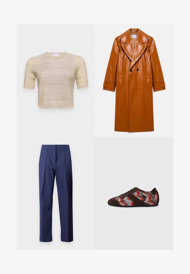 Trench coat largo de imitación cuero marrón con amplias solapas, doble botón negro, dos bolsillos frontales y mangas con puños.; Suéter corto de manga corta en un tono beige claro con un brillo metálico. Textura suave con rayas horizontales y un cuello redondo.; Pantalones azul marino de tejido ligero, con corte recto, pliegues frontales y una textura suave.; Zapatillas de ante marrón con un patrón en zigzag en tela tejida de color rojo, negro y blanco, con cordones negros y suela de goma.