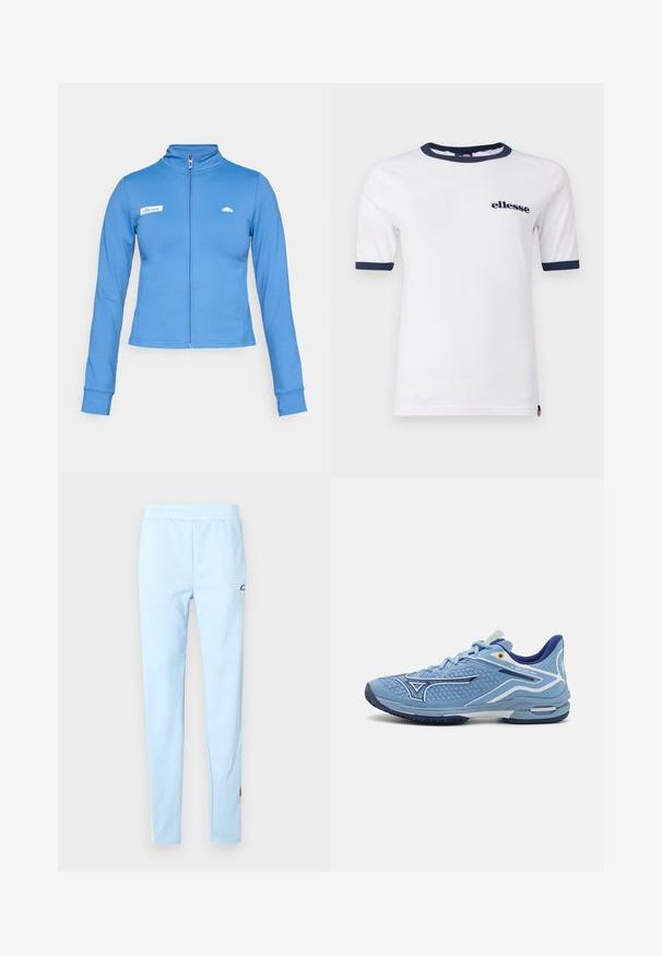 Casaco de desporto de manga longa com fecho éclair azul, com gola alta, logótipo ellesse no peito esquerdo e pequeno emblema no peito direito.; T-shirt branca com decote redondo e mangas curtas. Apresenta um acabamento em azul-marinho no decote e nas mangas. Inclui um pequeno logótipo "ellesse" na frente.; Calças atléticas azul claro com uma textura suave, cintura elástica e um padrão discreto. Apresenta um logótipo perto do quadril e detalhes de cor na bainha.; Sapatilha atlética azul clara com parte superior em malha, detalhes brancos, sola arredondada e sola de borracha azul. Apresenta atacadores e colarinho acolchoado.