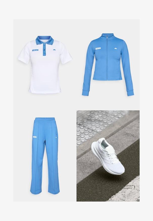 Blå, glidelås langermet treningsjakke med høy krage, ellesse-logo på venstre bryst og liten emblem på høyre bryst.; Hvit polo-skjorte med blå krage og knapplist. Har blå logo-akkenter på brystet og side-detaljer. Glatt stoffstruktur.; Blå joggebukser med elastisk midjebånd, rette ben, sidelommer og et logo-lapp på venstre lår. Glatt, myk tekstur.; Hvit atletisk sko med mesh-overdel, snørelukking og strukturert såle. Diskret merkevare og sømløse konstruksjonsdetaljer synlige.