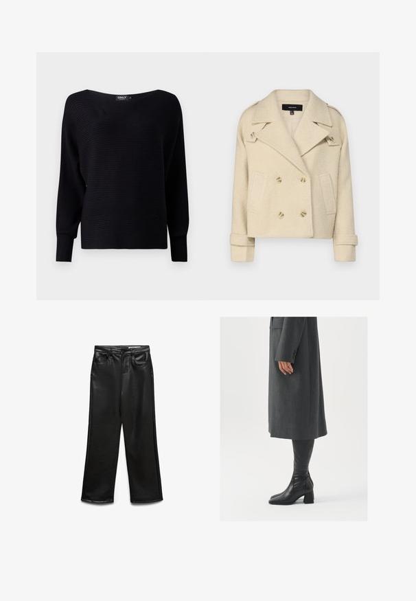 Beige double-breasted jasje van wolmix metNotch-lapels, twee voorzakken en dubbele knoopsluitingen. Gestructureerde stof met omgeslagen mouwen.; Zwarte geribbelde gebreide trui met een brede halslijn, lange mouwen en een losse pasvorm. Het heeft een gestructureerde stof en een minimalistisch ontwerp.; Zwarte wijde broek van imitatieleer met voorzakken, riemlussen en subtiele glans. Soepele textuur en nauwsluitende pasvorm.; Grijze, op maat gemaakte overjas met een rechte snit; gecombineerd met kniehoge zwarte leren laarzen met een vierkante neus en chunkyerand.