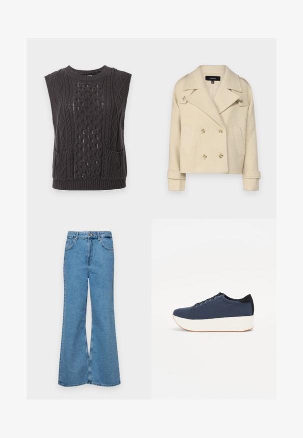 Beige double-breasted wool-blend jacket with notch lapels, two front pockets, and double button closures. Textured fabric with folded cuffs.; Dark gray knitted sleeveless sweater with intricate cable patterns, textured fabric, round neck, and two front pockets.; Light blue flared jeans made of denim, featuring a high waist, five pockets, and a single button closure. Soft texture with faded finish.; Navy blue sneaker with a textured fabric upper, white platform sole, rounded toe, and black heel accent. Features six eyelets for laces.