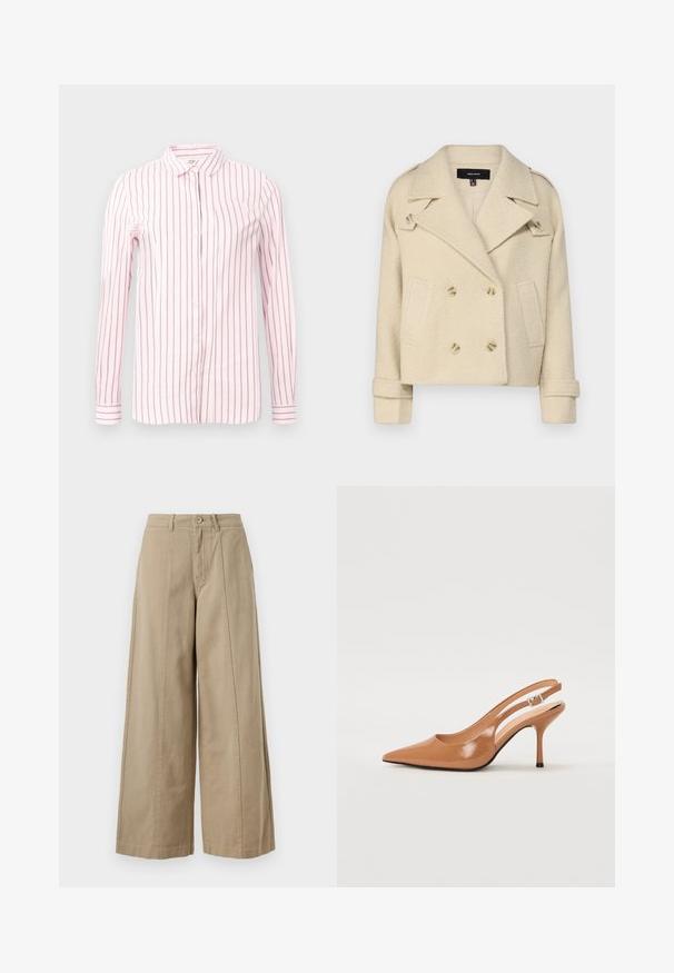 Beige double-breasted wool-blend jacket with notch lapels, two front pockets, and double button closures. Textured fabric with folded cuffs.; Light pink shirt with vertical maroon stripes, long sleeves, button-up front, and a classic collar. Smooth fabric and fitted design.; Beige wide-leg trousers made of sturdy cotton, featuring a button closure, belt loops, and clean front pleating with no visible pockets.; Pointed toe slingback heel in a smooth, glossy tan material. Features a curved cutout design and a slender stiletto heel. Silver buckle detail.