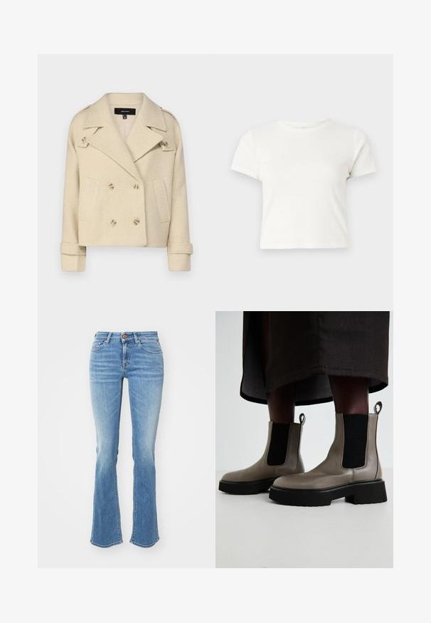 Beige double-breasted wool-blend jacket with notch lapels, two front pockets, and double button closures. Textured fabric with folded cuffs.; Short white t-shirt made of cotton with short sleeves, a round neckline, and a straight hem, featuring a smooth texture and minimal design.; Light blue flared jeans with a faded texture, featuring five pockets, belt loops, and bronze button hardware at the waist.; Gray ankle boots made of textured leather with elastic side panels and a chunky black sole. Features pull tabs for easy wear.