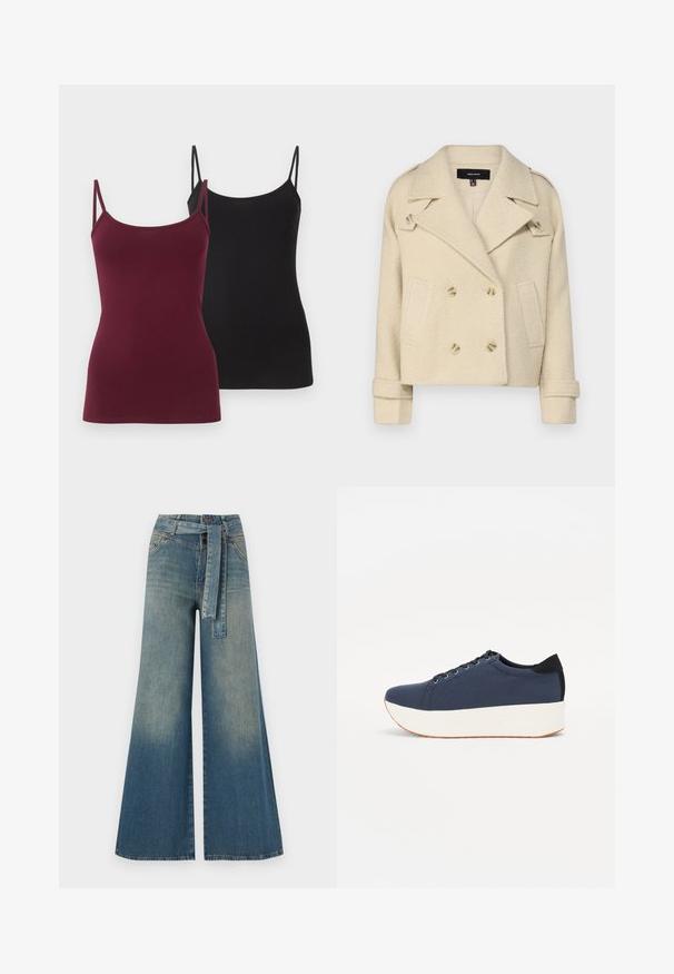 Vaaleanbeige kaksirivinen villasekoitekavajakkie, jossa on läppäkaulus, kaksi etutaskua ja kaksoispainikkeellinen suljenta. Rakenne on tekstuuri, jossa on käännetyt hihansuut.; Kaksi istuvaa toppeja, toinen syvä burgundinpunainen ja toinen musta. Valmistettu pehmeästä joustavasta kankaasta, jossa on ohuet säädettävät olkaimet.; Yksiväriset farkut leveällä lahkeella, joissa on vaaleasta tummansiniseen häipyvä väri, korkea vyötärö, vyölenkit ja yhteensopiva kangasvyö. Rakennefarkkujen pinta.; Sotilaspunainen tennari, jossa on teksturoitu kangasyläosa, valkoinen alustan pohja, pyöreä kärki ja musta kantapääkorostus. Varustettu kuudella nyörille tarkoitetulla reikällä.