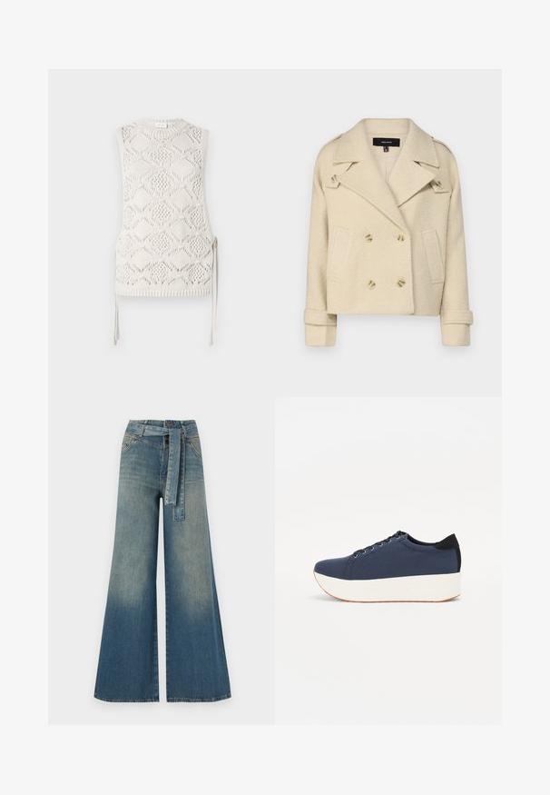 Beež kaherealine villase segu jakk, millel on sälkklapid, kaks esist taskut ja topelt nööpide sulgemine. Tekstureeritud kangas volditud varrukatega.; Kudumata ilma varrukate jahevalge topp, millel on teemantmuster, tekstureeritud pind ja küljetõmblused. Ümar kaelus ja ribaga ääred.; Laiad denimpüksid, millel on hele tume sinine gradiendiefekt, kõrge vöökoht, vöökumlid ja sobivast kangast vöö. Struktureeritud denimi viimistlus.; Tumedat sinised tennised tekstureeritud riidest pealispinnaga, valge platvormi tallaga, ümarate varvaste ja musta kontsapaneeliga. Omab kuut silma paelte jaoks.