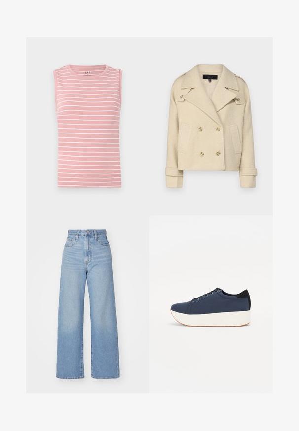 Bežs divrindu vilnas maisījuma žakets ar iegrieztiem atlociem, divām priekšējām kabatām un dubulu pogu aizdari. Tekstūrēts audums ar salocītām piedurknēm.; Rosa bezpiedurkņu topiņš ar horizontālām baltām svītrām, apaļu kakla izgriezumu un mīkstu kokvilnas materiālu. Vienkārša dizaina, bez papildu akcentiem.; Gaiši zili augstās jostas vidukļa platās bikses ar priekšējo pogu un rāvējslēdzēju, priekšējām un aizmugurējām kabatām uz baltā fona.; Navy zilo apavi ar strukturētu auduma augšdaļu, baltu platformas zoli, noapaļotu pirkstu daļu un melnu papēža akcentu. Iekļautas sešas acs caurumi šnuķēšanai.