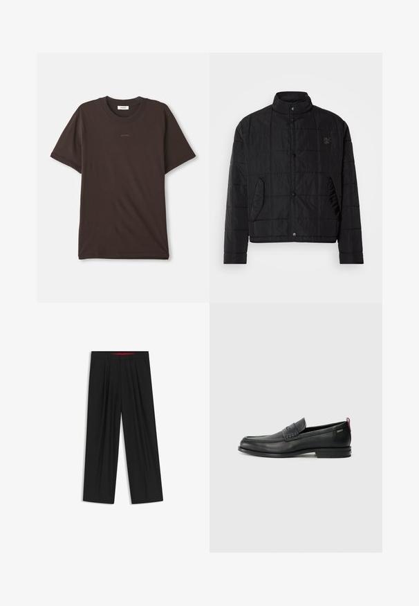 Zwarte gewatteerde jas met een staande kraag, voorzien van drukknoopsluitingen en zijzakken, gemaakt van glanzend, lichtgewicht materiaal.; Donkerbruin T-shirt met korte mouwen en ronde hals met het "SANDRO" logo gecentreerd op de borst en een label binnenin de halslijn.; Zwarte wijde broek met een vlakke voorkant, twee zijzakken, geplooid ontwerp en een contrasterende rode binnenband.; Zwarte leren instappers met een textuur aan de voorkant en gladde zijden. Voorzien van een slanke hak en een lus aan de achterkant voor gemakkelijk aan- en uittrekken. Klassiek ontwerp.