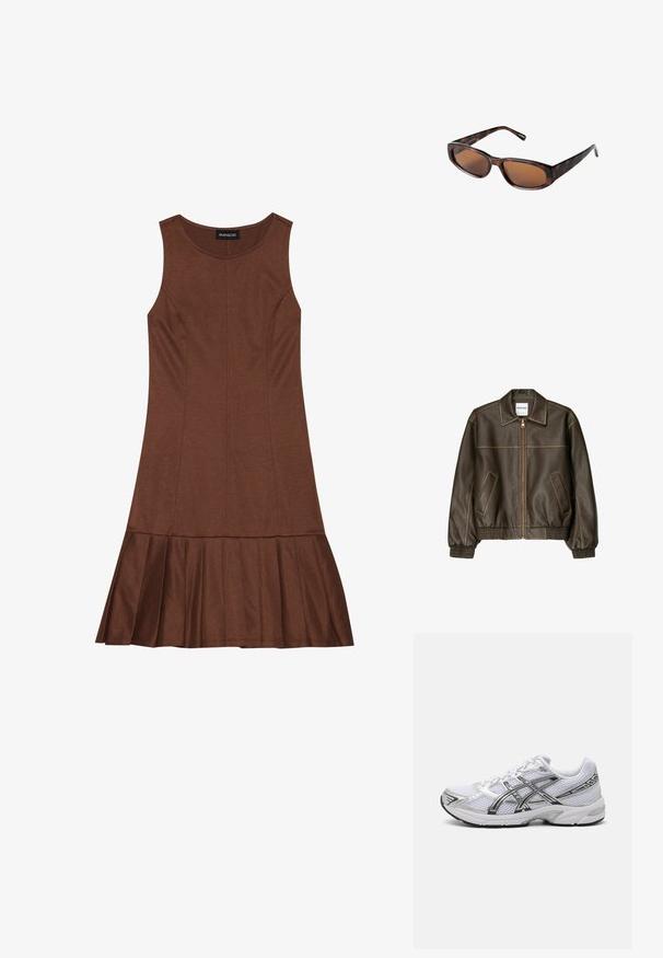 Braune Lederbomberjacke mit einem Reißverschluss vorne, spitzem Kragen, elastischen Bündchen und Saum sowie Seitentaschen. Sichtbare Kontrastnähte.; Weiße Zip-Hoodie aus weichem Stoff. Verfügt über eine Kapuze mit Kordelzug, Fronttaschen und gerippte Bündchen. Einfaches, minimalistisches Design.; Braunes ärmelloses Kleid mit tailliertem Oberteil und schwingendem, gefälteltem Saum, gefertigt aus einem glatten Material mit sichtbaren Nahtdetails.; Helles beiges, geripptes Tanktop mit rundem Ausschnitt und ärmellosem Design. Hergestellt aus einem weichen Stoff, mit sauberen Kanten. Keine sichtbaren Muster.; Weißes Mesh-Laufschuh mit silbernen Akzenten, ausgestattet mit einem atmungsaktiven Obermaterial, gepolstertem Kragen und strukturiertem Gummisohle für besseren Halt.; Braune Schildpatt-Sonnenbrille mit rechteckigen Gläsern, schlankem Profil und gebogenen Bügeln. Die Gläser haben einen braunen Farbton, das Gestell besteht aus Kunststoff.