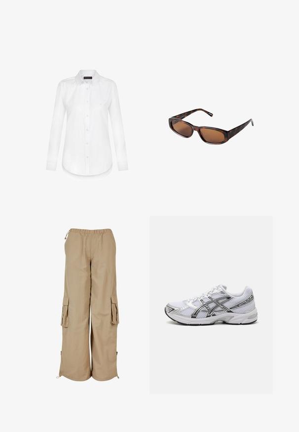 Braune Lederbomberjacke mit einem Reißverschluss vorne, spitzem Kragen, elastischen Bündchen und Saum sowie Seitentaschen. Sichtbare Kontrastnähte.; Weiße Zip-Hoodie aus weichem Stoff. Verfügt über eine Kapuze mit Kordelzug, Fronttaschen und gerippte Bündchen. Einfaches, minimalistisches Design.; Felix Hardy Hemdbluse - white; Beige Cargo-Shorts mit elastischem Bund, zwei Seitentaschen und Mesh-Akzenten; aus leichtem, strukturierte Stoff gefertigt.; Weißes Mesh-Laufschuh mit silbernen Akzenten, ausgestattet mit einem atmungsaktiven Obermaterial, gepolstertem Kragen und strukturiertem Gummisohle für besseren Halt.; Braune Schildpatt-Sonnenbrille mit rechteckigen Gläsern, schlankem Profil und gebogenen Bügeln. Die Gläser haben einen braunen Farbton, das Gestell besteht aus Kunststoff.