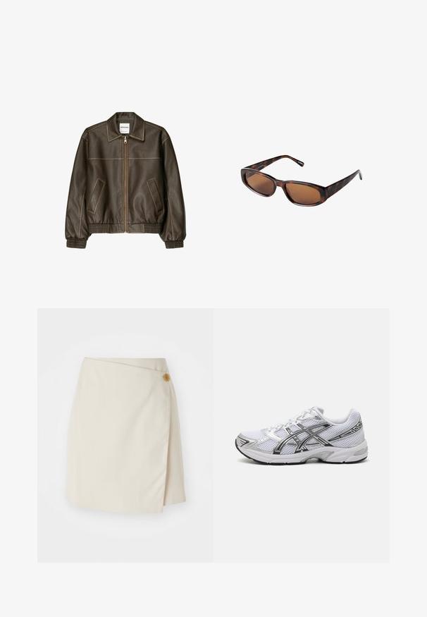 Braune Lederbomberjacke mit einem Reißverschluss vorne, spitzem Kragen, elastischen Bündchen und Saum sowie Seitentaschen. Sichtbare Kontrastnähte.; Weiße Zip-Hoodie aus weichem Stoff. Verfügt über eine Kapuze mit Kordelzug, Fronttaschen und gerippte Bündchen. Einfaches, minimalistisches Design.; Helles beiges, geripptes Tanktop mit rundem Ausschnitt und ärmellosem Design. Hergestellt aus einem weichen Stoff, mit sauberen Kanten. Keine sichtbaren Muster.; Beige Wickelrock mit seitlichem Knopfverschluss, aus solidem Stoff, klaren Linien und einer glatten Textur, entworfen für eine figurbetonte Silhouette.; Weißes Mesh-Laufschuh mit silbernen Akzenten, ausgestattet mit einem atmungsaktiven Obermaterial, gepolstertem Kragen und strukturiertem Gummisohle für besseren Halt.; Braune Schildpatt-Sonnenbrille mit rechteckigen Gläsern, schlankem Profil und gebogenen Bügeln. Die Gläser haben einen braunen Farbton, das Gestell besteht aus Kunststoff.