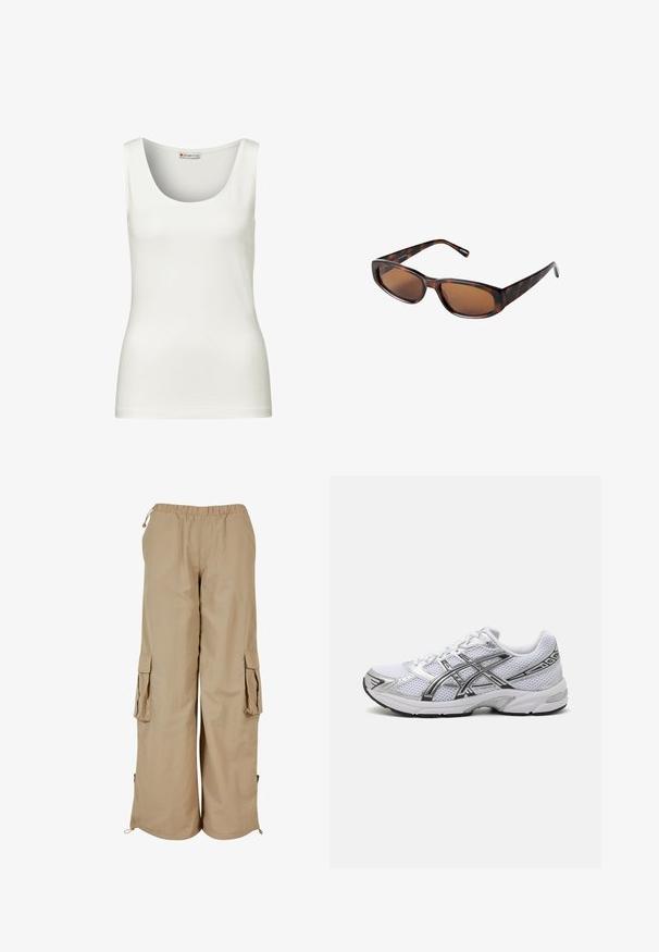 Veste bomber en cuir marron avec fermeture éclair à l'avant, col pointu, poignets et ourlet élastiqués, et poches latérales. Coutures contrastées visibles.; Haut à zip blanc en tissu doux. Doté d'une capuche à cordon de serrage, de poches latérales et de poignets côtelés. Design simple et minimaliste.; Débardeur blanc sans manches avec un col rond, fabriqué en tissu en coton lisse, présentant une coupe ajustée et sans motifs ni accents visibles.; Pantalons cargo beiges avec une taille élastique, deux poches latérales et des accents en maille ; fabriqués en tissu léger et texturé.; Baskets de course en maille blanche avec des accents argentés, dotées d'un empiècement supérieur respirant, d'un col rembourré et d'une semelle en caoutchouc texturée pour une meilleure traction.; Lunettes de soleil en écaille brune avec des verres rectangulaires, un profil élégant et des branches courbées. Les verres ont une teinte brune et la monture est en plastique.