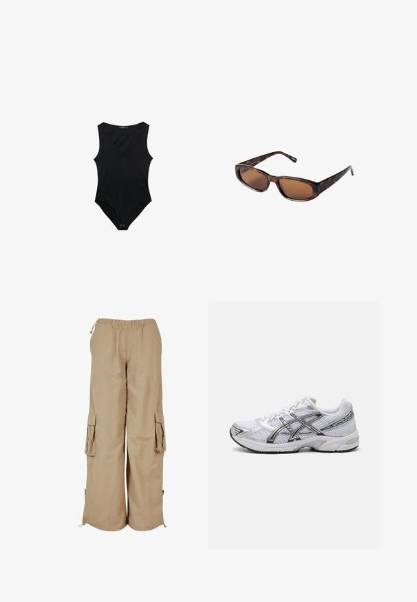 Brązowa skórzana kurtka bomberka z zapięciem na zamek, spiczastym kołnierzem, elastycznymi mankietami i dołem oraz bocznymi kieszeniami. Widoczne kontrastowe szwy.; Biała bluza z kapturem na zamek, wykonana z miękkiej tkaniny. Posiada regulowany kaptur, przednie kieszenie oraz ściągacze przy mankietach. Prosty, minimalistyczny design.; Czarny bodysuit z głębokim dekoltem w kształcie litery V, bez rękawów, wykonany z miękkiego materiału i z zatrzaskiem na dole. Gładka tekstura, dopasowany kształt.; Beżowe spodnie cargo z elastycznym pasem, dwoma bocznymi kieszeniami i akcentami z siateczki; wykonane z lekkiego, teksturowanego materiału.; Białe siateczkowe buty do biegania z srebrnymi akcentami, z oddychającą cholewką, wyściełanym kołnierzem i teksturowaną gumową podeszwą zapewniającą przyczepność.; Brązowe okulary przeciwsłoneczne w stylu tortoise z prostokątnymi soczewkami, smukłym profilem i zaokrąglonymi ramionami. Soczewki mają brązowy odcień, a oprawa wykonana jest z plastiku.