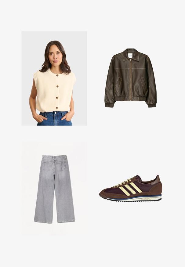 Brun läderbomberjacka med dragkedja fram, spetsig krage, elastiska manschetter och nederkant, samt sidofickor. Kontrastsydda sömmar synliga.; Krämfärgad ärmlös stickad topp med ribbad textur, med rund hals och fem träknappar fram.; Mörkbrun ribbad linne med breda axelband och en figurnära design. Tyget är mjukt med en slät yta och en kortad längd.; Bershka WIDE-LEG - Wide leg - grey; Bruna och burgundy sneakers i mocka och mesh-material, med tre krämfärgade ränder, textil på tungan och en gummisula.