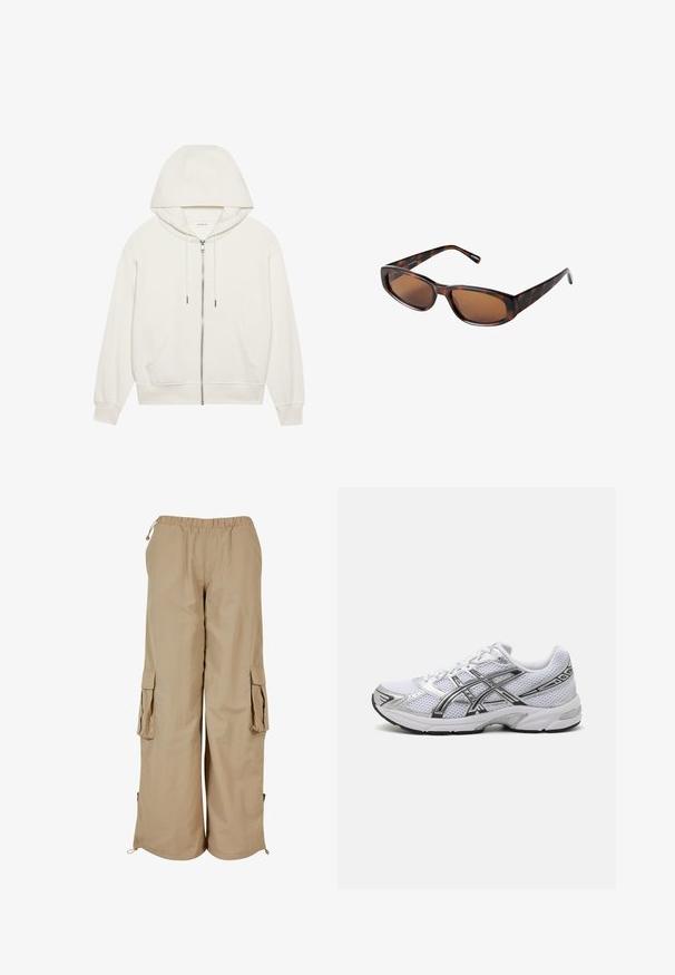 Giacca bomber in pelle marrone con zip frontale, colletto a punta, polsini e fondo elasticizzati, e tasche laterali. Cuciture in contrasto visibili.; Felpa bianca con zip realizzata in tessuto morbido. Presenta un cappuccio regolabile, tasche frontali e polsini a costine. Design semplice e minimalista.; Top in cotone beige chiaro a coste, con scollatura rotonda e senza maniche. Realizzato in un tessuto morbido, con bordi dei margini puliti. Senza motivi visibili.; Pantaloni cargo beige con cintura elastica, due tasche laterali e dettagli in rete; realizzati in un tessuto leggero e testurizzato.; Scarpa da corsa bianca in rete con accenti argentati, dotata di una tomaia traspirante, colletto imbottito e suola in gomma testurizzata per una maggiore aderenza.; Occhiali da sole tartarugati marroni con lenti rettangolari, profilo snello e bracci curvi. Le lenti hanno una tinta marrone, la montatura è in plastica.
