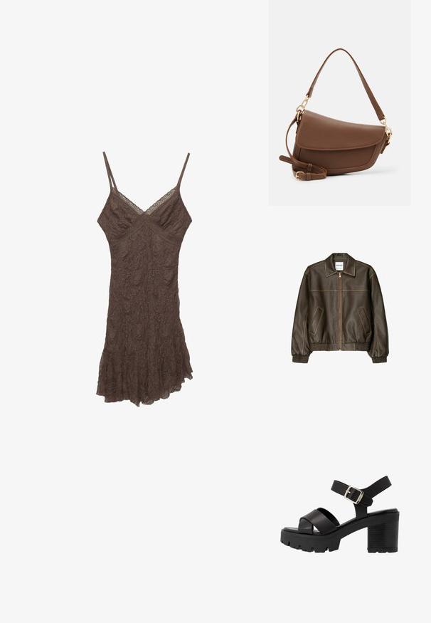 Brown leather bomber jacket with a zip front, pointed collar, elasticized cuffs and hem, and side pockets. Contrast stitching visible.; Brown lace camisole dress with thin straps, V-neckline, textured fabric, and ruffled hem. Delicate floral patterns throughout the material.; mtng SABA - High heeled sandals - black; Brown leather shoulder bag with a textured finish, curved shape, gold-tone hardware, adjustable strap, and flap closure.