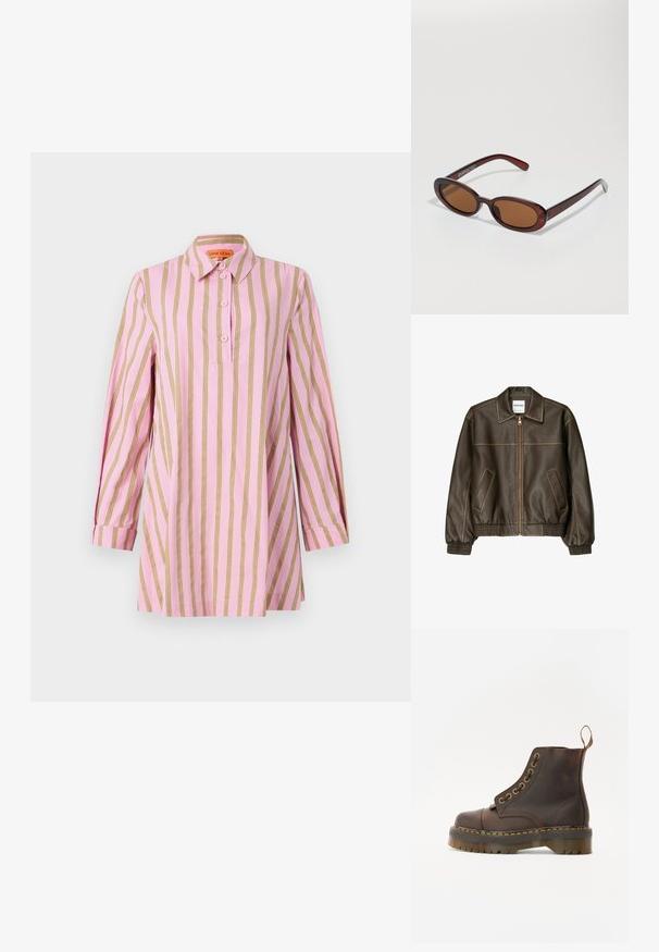 Smeđa kožna bomber jakna s patent-zatvaračem sprijeda, šiljatim ovratnikom, elastičnim manžetama i rubom, te bočnim džepovima. Vidljivo kontrastno šivanje.; Ružičasta košulja s vertikalnim zlatnim prugama, dugih rukava s manžetama, dugmadi sprijeda te klasičnim ovratnikom. Meko, lagano tkivo.; Smeđe kožne čizme do gležnja s okruglim vrhom, kontrastnim žutim šavovima, dekorativnim metalnim rupicama i zupčastom gumom.; Okvir okruglih, smeđkastih sunčanih naočala s sjajnim burgundskim okvirom. Uski nositelji s suptilnim brendiranjem. Ravna leća.; Smeđi kožni hobo torba s opuštajućim dizajnom i glatkom teksturom. Nosila ju je model u neformalnom stilu, a ima veliki otvor i zaobljen oblik.