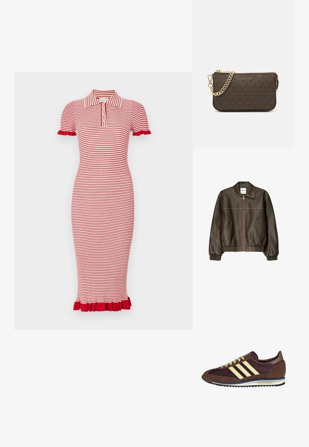 Rjava usnjena bomberska jakna z zadrgo spredaj, s koničastim ovratnikom, elastičnimi manšetami in robom, ter stranskimi žepi. Vidna kontrastna šivana.; Polo obleka z rdečimi in belimi črtami, kratkimi rokavi, z rebrasto teksturo in naborki na rokavih ter robu. Pet gumbov na zapenjalo.; Rjavi in rdeče-burgundske teniske iz usnja in mrežastega materiala, ki imajo tri smetane stripe, teksturirano blago na jeziku in gumijast podplat.; Rjava usnjena torba čez ramo z vzorcem logotipa, zlatim verigo, zadrgo in zlatimi dodatki. Kompaktna in pravokotna oblika.