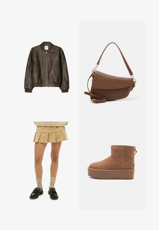 Brun læder bomberjakke med lynlåsfortil, spids krave, elastiske cuffe og kant, samt sidelommer. Kontrastsyninger synlige.; Off-shoulder cremesweater med bølget halsudskæring, lange puffærmer og ribbet kant; lavet af blødt, struktureret strikstof.; Khaki plisseret nederdel lavet af bomuld, parret med sorte loafers med frynser og lysebrune ribbede sokker. Enkel, afslappet outfit.; Tan ruskinds ankelstøvle med platformssål, rund tå og syninger; har en løkke bagpå for nem påtagning.; Brun læder skuldertaske med en tekstureret overflade, buet form, guldfarvet hardware, justerbar rem og klaplukning.