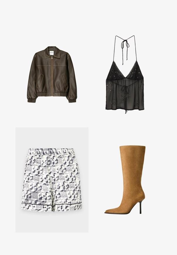Barna bőr bombázó dzseki, elől cipzárral, hegyes gallérral, elasztikus mandzsettákkal és alsó résszel, valamint oldalsó zsebekkel. Kontrasztos varrás látható.; Fekete áttetsző pántos top, virágmintás gyöngyökkel díszítve és elülső megkötéssel. Könnyű és texturált anyag.; Fehér rövidnadrág fekete absztrakt mintával, elasztikus derékkal és egyszínű fekete díszítéssel az alján. Könnyű anyagból készült.; Camelszínű, térd alá érő velúr csizmák, hegyes orral és vékony, magas sarkúval. Simább textúrával és elegáns vonallal rendelkeznek, minimális díszítéssel.