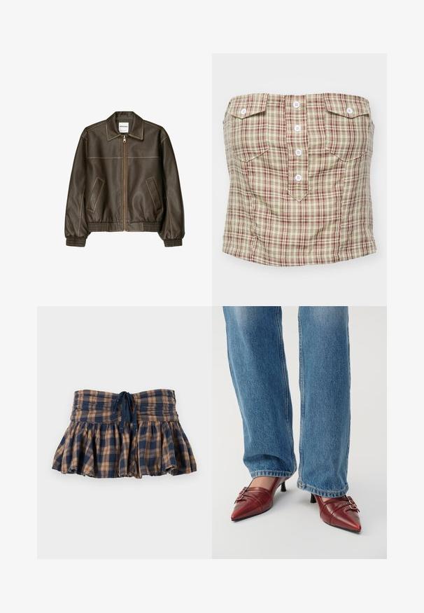 Hnedá kožená bomber bunda so zipsovým zapínaním vpredu, špicatej golierom, elastickými manžetami a spodným okrajom, a bočnými vreckami. Viditeľné kontrastné šitie.; Skontrolovaný bezramienkový top v svetlej béžovej farbe s marhuľovým a zeleným károvaným vzorom. Obsahuje štyri predné gombíky a dve náprsné vrecká.; Hnedo-námornícku skrátenú sukňu s kockovaným vzorom a rozšíreným strihom, vyrobenú z ľahkej tkaniny. Obsahuje smockovaný pás a nastaviteľné šnúrky na prispôsobenie veľkosti.; Červené kožené lodičky s špicatou špičkou a malým opätkom, so st horizontalným prešívaním a dvoma striebornými prackami, nosené s modrými džínsami.