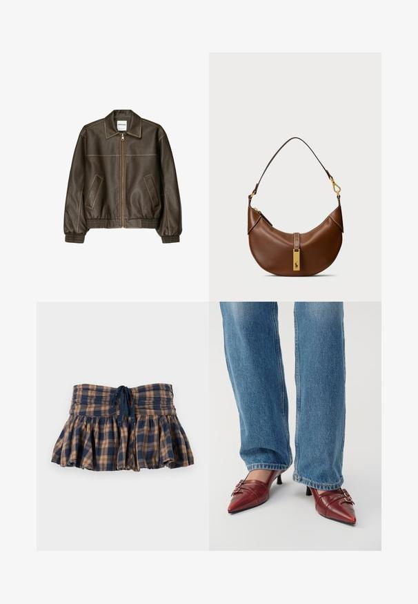 Hnedá kožená bomber bunda so zipsovým zapínaním vpredu, špicatej golierom, elastickými manžetami a spodným okrajom, a bočnými vreckami. Viditeľné kontrastné šitie.; Skontrolovaný bezramienkový top v svetlej béžovej farbe s marhuľovým a zeleným károvaným vzorom. Obsahuje štyri predné gombíky a dve náprsné vrecká.; Hnedo-námornícku skrátenú sukňu s kockovaným vzorom a rozšíreným strihom, vyrobenú z ľahkej tkaniny. Obsahuje smockovaný pás a nastaviteľné šnúrky na prispôsobenie veľkosti.; Červené kožené lodičky s špicatou špičkou a malým opätkom, so st horizontalným prešívaním a dvoma striebornými prackami, nosené s modrými džínsami.; Hnedá kožená taška cez rameno s oble tvarom, zlatým kovaním, detailom horného uzáveru a akcentom loga. Hladký povrch s prešitými okrajmi.