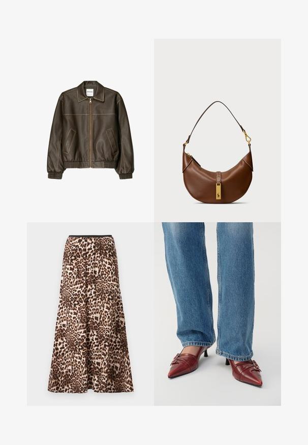 Veste bomber en cuir marron avec fermeture éclair à l'avant, col pointu, poignets et ourlet élastiqués, et poches latérales. Coutures contrastées visibles.; Haut bustier à carreaux en beige clair avec un motif à tartan maroon et vert. Il possède quatre boutons à l'avant et deux poches sur la poitrine.; Jupe maxi en imprimé léopard, dotée d'une taille noire, d'une silhouette fluide et d'un tissu doux avec des nuances variées de marron et de beige.; Chaussures en cuir rouge à bout pointu avec un petit talon, comportant des coutures horizontales et deux boucles en argent, portées avec un jean en denim bleu.; Sac à bandoulière en cuir marron avec une forme courbée, matériel doré, détail de fermoir supérieur et accent de logo. Texture lisse avec bords cousus.