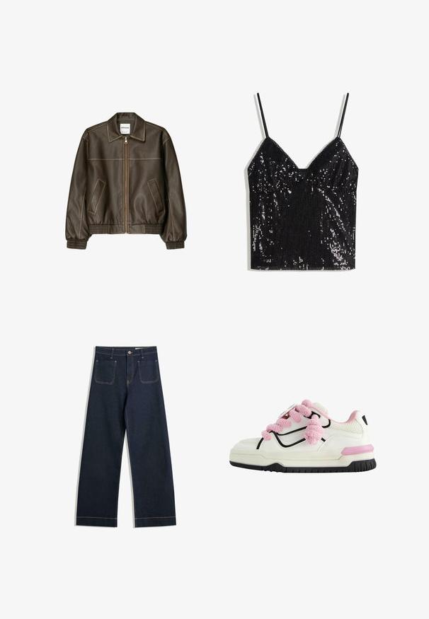 Brown leather bomber jacket with a zip front, pointed collar, elasticized cuffs and hem, and side pockets. Contrast stitching visible.; Black sleeveless sequin camisole top with thin straps and a V-neckline.; Dark blue wide-leg jeans made of denim with contrasting tan stitching, two back pockets, and a button closure at the waist.; White athletic shoe with pink fluffy laces, black outline, perforated mesh sections, and a chunky rubber sole with a pink accent.