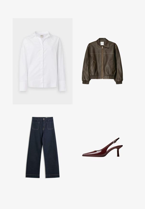 Giacca bomber in pelle marrone con zip frontale, colletto a punta, polsini e fondo elasticizzati, e tasche laterali. Cuciture in contrasto visibili.; Camicia bianca a maniche lunghe realizzata in cotone tessuto. Presenta un collo a punta, chiusura frontale con bottoni e una vestibilità morbida con maniche leggermente oversize.; Jeans a gamba larga blu scuro realizzati in denim con cuciture contrastanti color caramello, due tasche posteriori e chiusura con bottone in vita.; Décolleté in vernice color mogano con punta affusolata, tacco kitten di media altezza e cinturino con fibbia argentata su sfondo bianco.