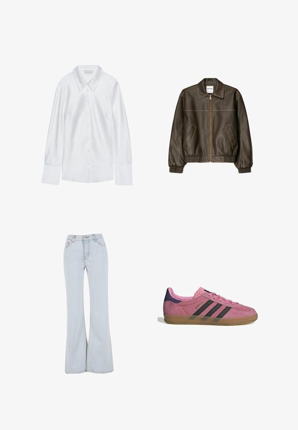 Barna bőr bombázó dzseki, elől cipzárral, hegyes gallérral, elasztikus mandzsettákkal és alsó résszel, valamint oldalsó zsebekkel. Kontrasztos varrás látható.; Fehér, hosszú ujjú ing klasszikus gallérral, gombos elülső résszel és sima tapintással, könnyű, finom fényű anyagból készült.; Fénykék színű, harangszárú farmernadrág, magas derékkal, öt zsebbel és kontrasztos varrásokkal az illesztéseken.; Rózsaszín velúr sportcipő fekete csíkkal, gumi talppal és texturált lila sarokkal. Fűzős kialakítással és a márka dombornyomott logójával az oldalon.