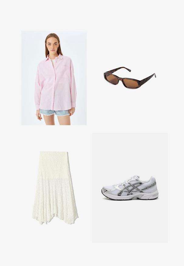 Braune Lederbomberjacke mit einem Reißverschluss vorne, spitzem Kragen, elastischen Bündchen und Saum sowie Seitentaschen. Sichtbare Kontrastnähte.; Helles rosa Hemd mit knöpfbarem Kragen in lässiger Passform, das eine Brusttasche, lange Ärmel und einen texturierten stoffähnlichen Leinenlook aufweist.; Helles beiges, geripptes Tanktop mit rundem Ausschnitt und ärmellosem Design. Hergestellt aus einem weichen Stoff, mit sauberen Kanten. Keine sichtbaren Muster.; Weißer Spitzentüllrock mit strukturiertem Muster, asymmetrischem Saum und fließender Silhouette, aus leichtem Material gefertigt.; Weißes Mesh-Laufschuh mit silbernen Akzenten, ausgestattet mit einem atmungsaktiven Obermaterial, gepolstertem Kragen und strukturiertem Gummisohle für besseren Halt.; Braune Schildpatt-Sonnenbrille mit rechteckigen Gläsern, schlankem Profil und gebogenen Bügeln. Die Gläser haben einen braunen Farbton, das Gestell besteht aus Kunststoff.