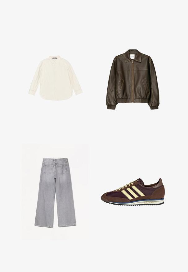 Hnedá kožená bomber bunda so zipsovým zapínaním vpredu, špicatej golierom, elastickými manžetami a spodným okrajom, a bočnými vreckami. Viditeľné kontrastné šitie.; Svetlo béžová košeľa s dlhým rukávom a gombíkmi, vyrobená z mäkkého materiálu, s klasickým golierom a zaobleným lemom. Viditeľné gombíky pozdĺž prednej strany.; Tmavohnedý rebrovaný top s širokými ramienkami a priliehavým strihom. Materiál je mäkký s hladkou textúrou a skrátenou dĺžkou.; Bershka WIDE-LEG - Široké nohavice - grey; Hnedé a bordové tenisky z semišu a sieťoviny, s tromi krémovými pruhmi, textúrovanou tkaninou na jazyku a gumovou podrážkou.