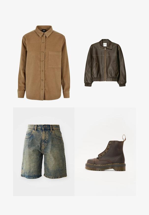 Braune Lederbomberjacke mit einem Reißverschluss vorne, spitzem Kragen, elastischen Bündchen und Saum sowie Seitentaschen. Sichtbare Kontrastnähte.; Braunes Cordhemd mit durchgehender Knopfleiste, spitzem Kragen, langen Ärmeln und einer Brusttasche. Mit subtiler vertikaler Textur und braunen Knöpfen.; Denimshorts in einem verblassten Blauton, ausgestattet mit fünf Taschen, einem Knopfverschluss und ausgefransten Säumen, mit einer leicht abgewetzten Textur.; Braune Leder-Ankleboots mit runder Spitze, kontrastierenden gelben Nähten, dekorativen Metallösen und rutschfester Gummisohle.