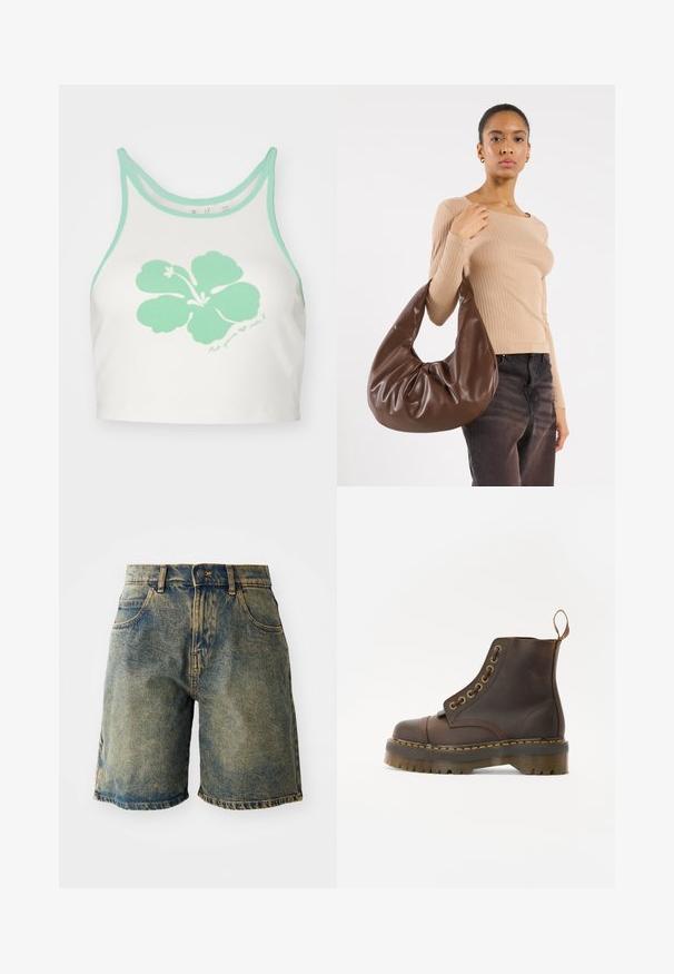 Bruine leren bomberjack met een ritssluiting aan de voorkant, puntige kraag, elastische manchetten en zoom, en zijzakken. Contrasterende stiksels zijn zichtbaar.; Witte crop top met mintgroene afwerking en een grote mintgroene hibiscusbloemgrafiek op de voorkant, met daaronder een handgeschreven tekstdetail.; Denim shorts in een vervaagde blauwe kleur, met vijf zakken, een knoopsluiting en versleten zoomranden, met een licht beschadigde textuur.; Bruine leren enkellaars met een ronde neus, contrasterende gele stiksels, decoratieve metalen oogjes en een gegroefd rubberen zool.; Bruine lederen hobo tas met een slordig ontwerp en een gladde textuur. Casual gedragen door een model, met een grote opening en een ronde vorm.