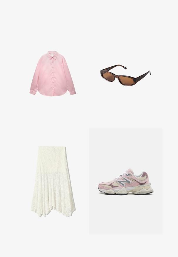 Brun læder bomberjakke med lynlåsfortil, spids krave, elastiske cuffe og kant, samt sidelommer. Kontrastsyninger synlige.; Lys pink langærmet skjorte med knaplukning og tynde hvide lodrette striber samt spids krave, lagt fladt på en hvid baggrund.; Hvid blonde nederdel med et struktureret mønster, udstyret med en asymmetrisk kant og en let flydende silhuet, lavet af et letvægtsstof.; Lyserød og cremefarvet sportsko lavet af ruskind og meshmaterialer, med et sølvlogo og teksturerede accenter, formet sål og snørebånd.; Brune skildpadde-solbriller med rektangulære linser, slank profil og buede arme. Linsen har en brun tone, og stellet er lavet af plastik.; Sort læder hobo taske med et afslappet design, bred skulderrem og glat tekstur. Har en enkelt lynlåslukning på siden.