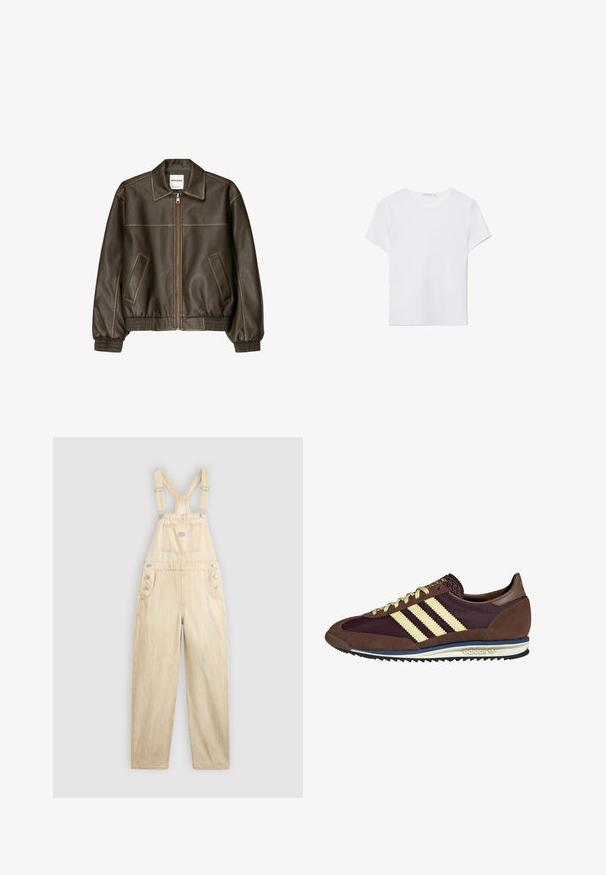 Brązowa skórzana kurtka bomberka z zapięciem na zamek, spiczastym kołnierzem, elastycznymi mankietami i dołem oraz bocznymi kieszeniami. Widoczne kontrastowe szwy.; Biała koszulka z krótkim rękawem wykonana z miękkiego materiału. Posiada okrągły dekolt oraz prosty, minimalistyczny design z prostym dołem.; Jasno-beżowy kombinezon wykonany z denimu, z kwadratową kieszenią, regulowanymi ramiączkami, zatrzaskami po bokach i szerokimi nogawkami.; Brązowe i burgundowe sneakersy wykonane z zamszu i siateczkowych materiałów, z trzema kremowymi paskami, teksturowanym materiałem na języku i gumową podeszwą.