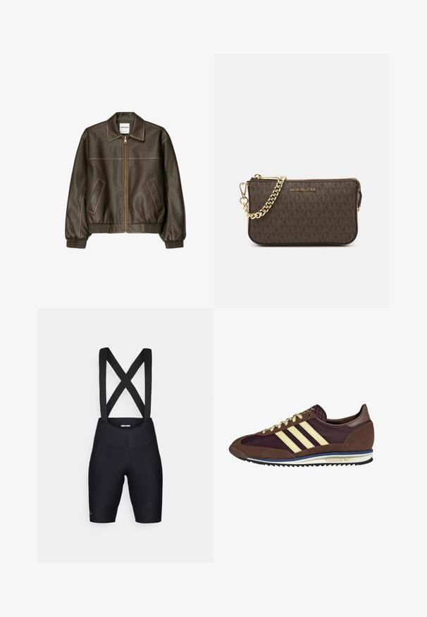 Rjava usnjena bomberska jakna z zadrgo spredaj, s koničastim ovratnikom, elastičnimi manšetami in robom, ter stranskimi žepi. Vidna kontrastna šivana.; Dva dolge rokave turtleneck majice, ena bela in ena črna, izdelani iz gladkega, raztegljivega materiala, oba imata slim-fit kroj in visoke ovratnike.; Črne kolesarske hlače z naramnicami, ki se lahko prilagajajo, so narejene iz raztegljive tkanine, vključujejo oblazinjen sedež in kontrastne šive.; Rjavi in rdeče-burgundske teniske iz usnja in mrežastega materiala, ki imajo tri smetane stripe, teksturirano blago na jeziku in gumijast podplat.; Rjava usnjena torba čez ramo z vzorcem logotipa, zlatim verigo, zadrgo in zlatimi dodatki. Kompaktna in pravokotna oblika.