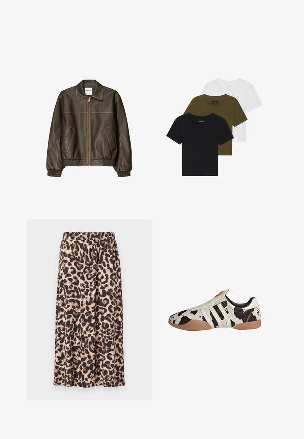 Brown leather bomber jacket with a zip front, pointed collar, elasticized cuffs and hem, and side pockets. Contrast stitching visible.; Three crew-neck t-shirts in black, olive green, and white. Short sleeves, ribbed necklines, and a fitted design.; Leopard print skirt in beige and black, made of lightweight fabric. Features an elastic waistband and a flowing A-line design.; White and black patterned leather shoes with a textured finish, featuring three white horizontal stripes and a brown rubber sole.