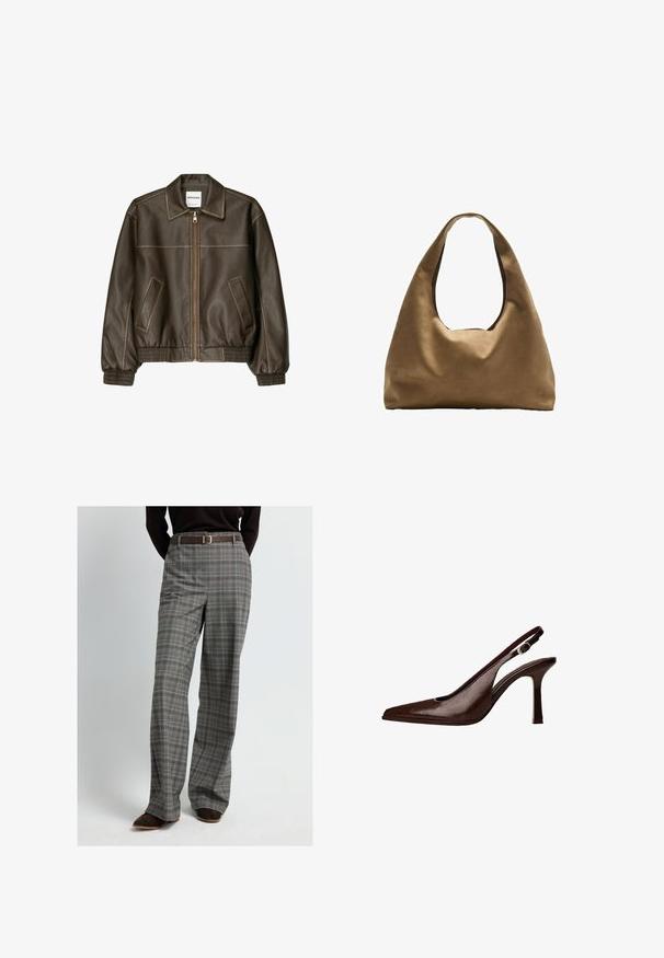 Bruine leren bomberjack met een ritssluiting aan de voorkant, puntige kraag, elastische manchetten en zoom, en zijzakken. Contrasterende stiksels zijn zichtbaar.; Witte katoenen tanktop met een ronde halslijn, zonder mouwen en een getailleerde vorm. Soepele textuur, eenvoudig ontwerp en minimale stikdetails.; Grijze geruite broeken met een ontspannen pasvorm, voorzien van een bruine leren riem, subtiele glans en contrasterende ruitpatronen in lichtere kleuren.; Bruine lederen slingbackpomp met een spitse neus en een dunne hak. Voorzien van een kleine accentgesp op de band en een glossy afwerking.; Bruine stoffen schoudertas met een brede, ronde vorm en een grote uitsnede handvat. Zachte textuur, minimalistisch ontwerp en geen zichtbare hardware.