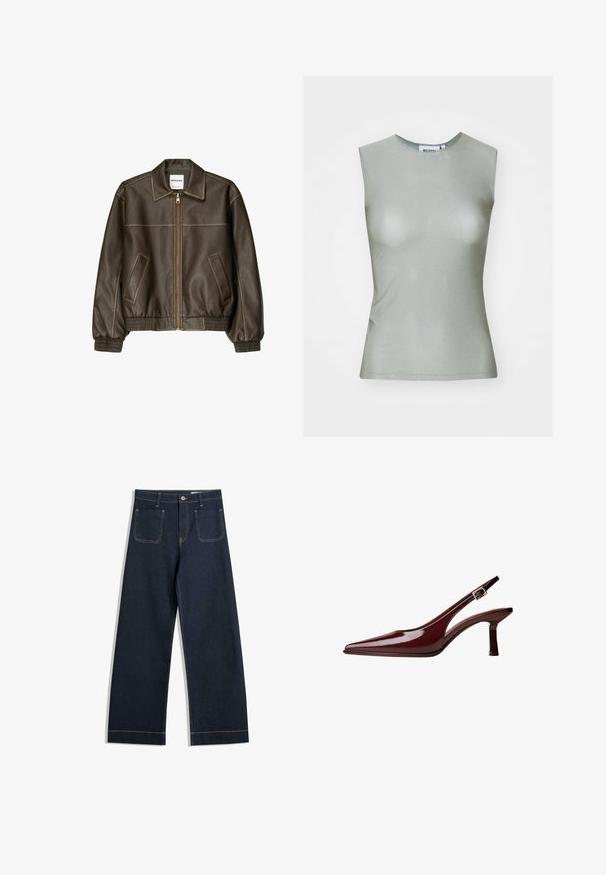 Hnedá kožená bomber bunda so zipsovým zapínaním vpredu, špicatej golierom, elastickými manžetami a spodným okrajom, a bočnými vreckami. Viditeľné kontrastné šitie.; Bezrukávový svetlozelený top vyrobený z hladkej látky, s vysokým golierom a priliehavým strihom. Žiadne viditeľné kovanie ani vzory.; Tmavomodré široké džínsy vyrobené z denimu s kontrastným hnedým prešívaním, dvoma zadnými vreckami a zapínaním na gombík v páse.; Bordová patentná koža slingback lodička s špicatou špičkou, stredne vysokým kitten podpätkom a strieborným prackovým pásikom na bielom pozadí.
