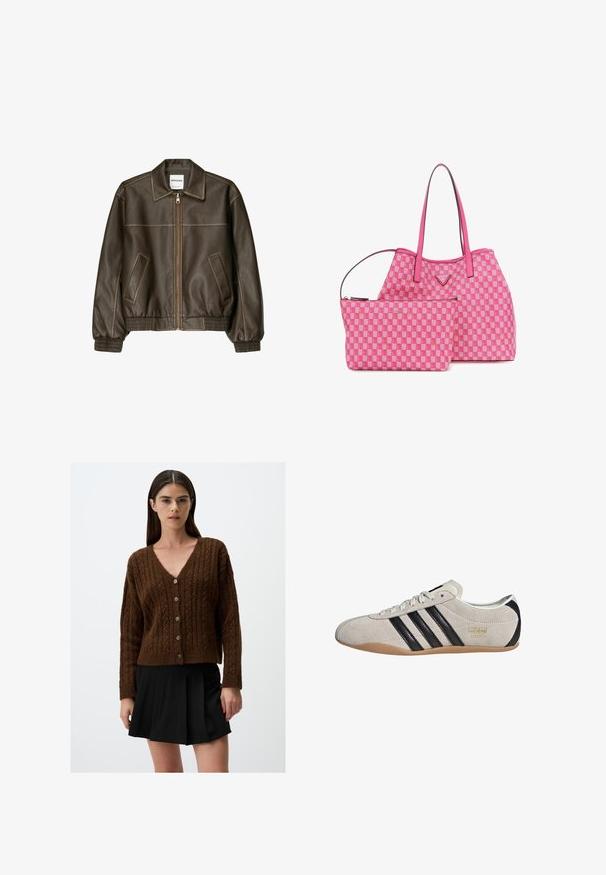 Bruine leren bomberjack met een ritssluiting aan de voorkant, puntige kraag, elastische manchetten en zoom, en zijzakken. Contrasterende stiksels zijn zichtbaar.; Twee mouwloze tanktops: één witte met geribbeld textuur en één lichtgrijze met een subtiel heatherpatroon. Beide hebben een ronde hals.; Bruine kabelgebreide cardigan met een V-hals en zes knopen aan de voorkant; ribgebreide manchetten en zoom. Draag een zwarte geplooide rok eronder.; Suède sneaker met een grijze bovenkant, zwarte strepen en een gumrubberen zool. Kenmerkt een vetersluiting en een gouden logo-detail aan de zijkant.; Roze tas met een ruitjespatroon en een bijpassend kleiner zakje; voorzien van een gladde stof, dubbele handvatten en gouden logo-accenten.