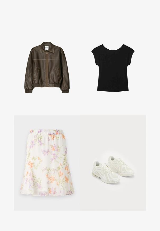 Brązowa skórzana kurtka bomberka z zapięciem na zamek, spiczastym kołnierzem, elastycznymi mankietami i dołem oraz bocznymi kieszeniami. Widoczne kontrastowe szwy.; Czarny t-shirt z krótkim rękawem o szerokim dekolcie i luźnym kroju. Wykonany z miękkiego materiału bez widocznych wzorów czy zdobień.; Kwiatowa spódnica z lekkiego, przezroczystego materiału; ma elastyczny pas i wzór pomarańczowych, fioletowych i zielonych kwiatów na kremowym tle.; Białe buty sportowe wykonane z siateczki i materiałów syntetycznych, z wiązanym fasonem, wyściełanym kołnierzem i strukturalną podeszwą dla lepszej przyczepności. Lekka konstrukcja.