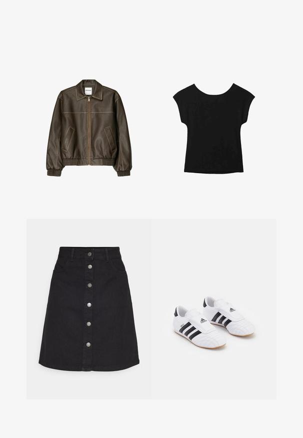 Braune Lederbomberjacke mit einem Reißverschluss vorne, spitzem Kragen, elastischen Bündchen und Saum sowie Seitentaschen. Sichtbare Kontrastnähte.; Schwarzes Kurzarmoberteil mit weit ausgeschnittener Halslinie und lockerer Passform. Hergestellt aus weichem Stoff ohne sichtbare Muster oder Verzierungen.; Schwarzer Jeansrock mit vertikaler Knopfverschluss und fünf Taschen. Hat ein gerades Design und einen geraden Saum, aus robuster Baumwollstoff gefertigt.; Weiße Sportschuhe mit schwarzen Streifen, die eine samtähnliche Textur, eine abgerundete Zehe und einen Klettverschluss aufweisen. Gummisohle für besseren Halt.