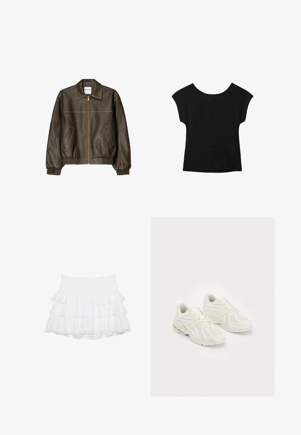 Brun læder bomberjakke med lynlåsfortil, spids krave, elastiske cuffe og kant, samt sidelommer. Kontrastsyninger synlige.; Sort kortærmet top med bred halsudskæring og løs pasform. Lavet af blødt stof uden synlige mønstre eller pynt.; Hvid, lagdelt mini nederdel lavet af struktureret blonde med tre lag. Elastisk talje giver stræk. Ingen yderligere dekorationer.; Hvide sportssko i mesh og syntetiske materialer, snørebåndsdesign, polstret krave og tekstureret sål for bedre greb. Letvægts konstruktion.