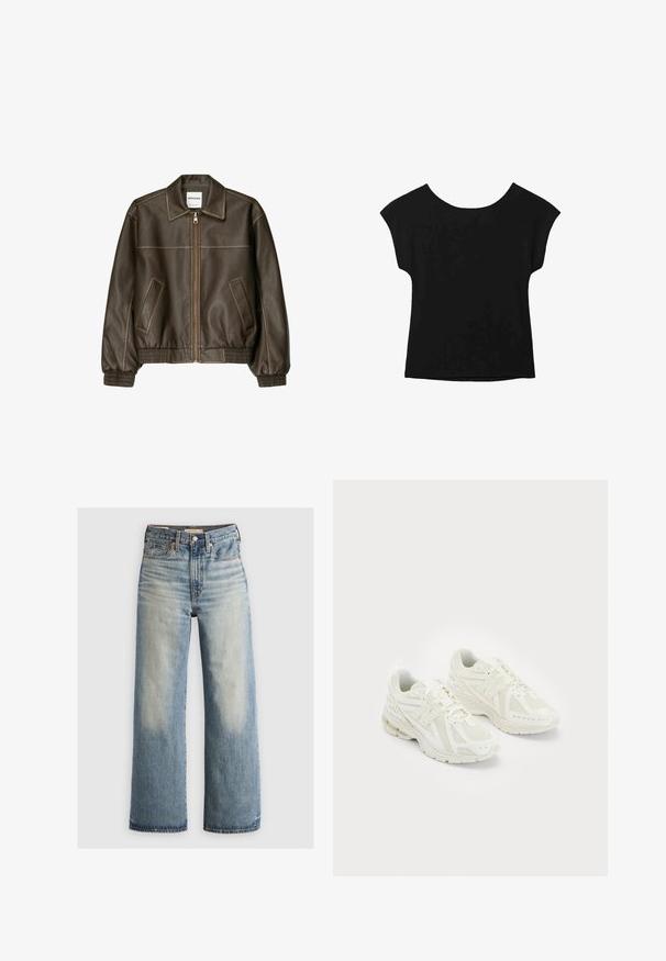 Smeđa kožna bomber jakna s patent-zatvaračem sprijeda, šiljatim ovratnikom, elastičnim manžetama i rubom, te bočnim džepovima. Vidljivo kontrastno šivanje.; Crna majica kratkih rukava širokog izreza i slobodnog kroja. Napravljena od mekog materijala bez vidljivih uzoraka ili ukrasa.; Plave traperice širokog kroja s laganim pranjem, visokim strukom, dizajnom s pet džepova i mjedenim detaljima. Izblijedjele naglaske na prednjoj i stražnjoj strani.; Bijele atletske cipele izrađene od mrežastih i sintetičkih materijala, s dizajnom na vezivanje, podstavljenim ovratnikom i teksturiranom potplatom za prijanjanje. Lagana konstrukcija.